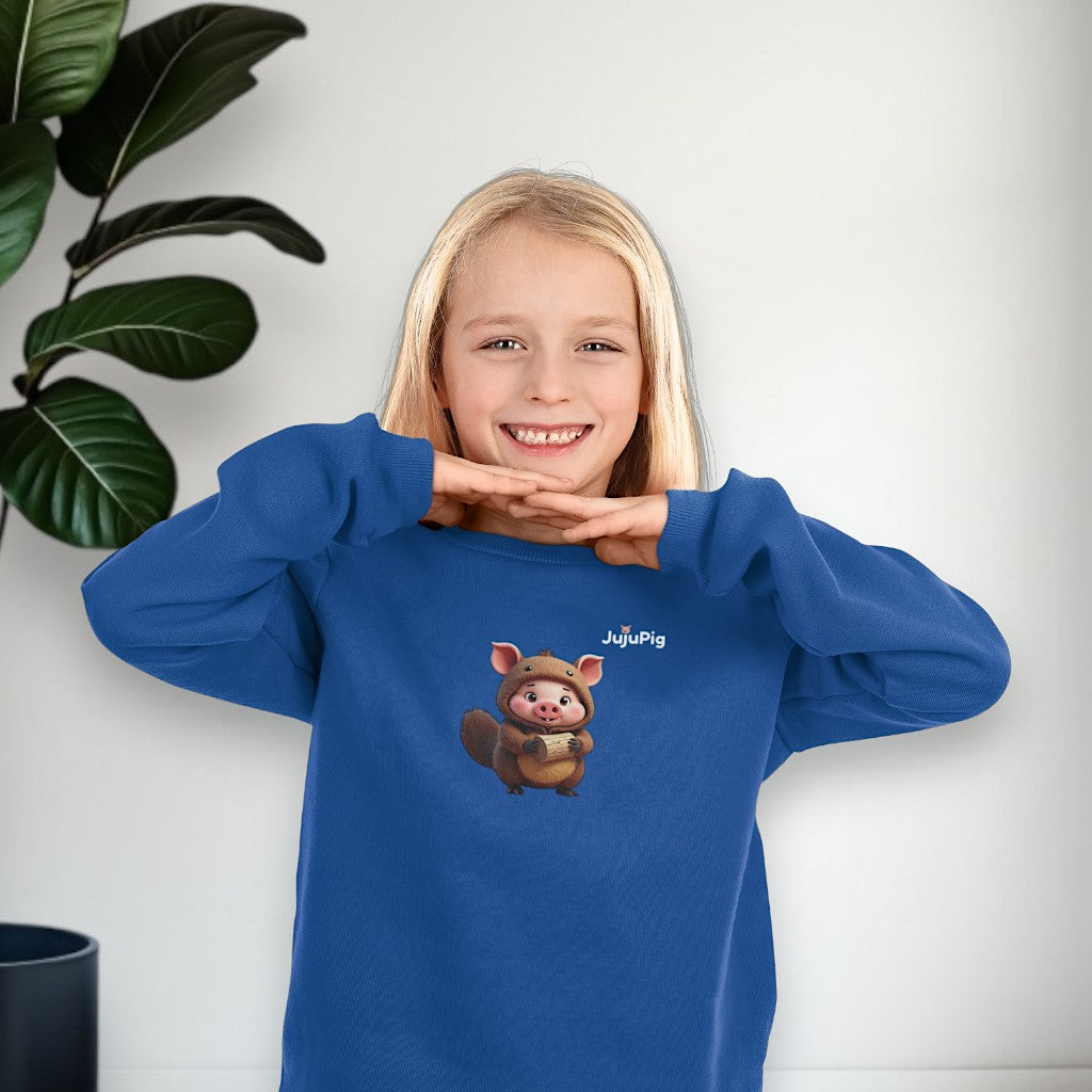 JujuPig Beaver - Kids Unisex Crewneck Sweatshirt | Graphic Sweatshirts for Boys & Girls