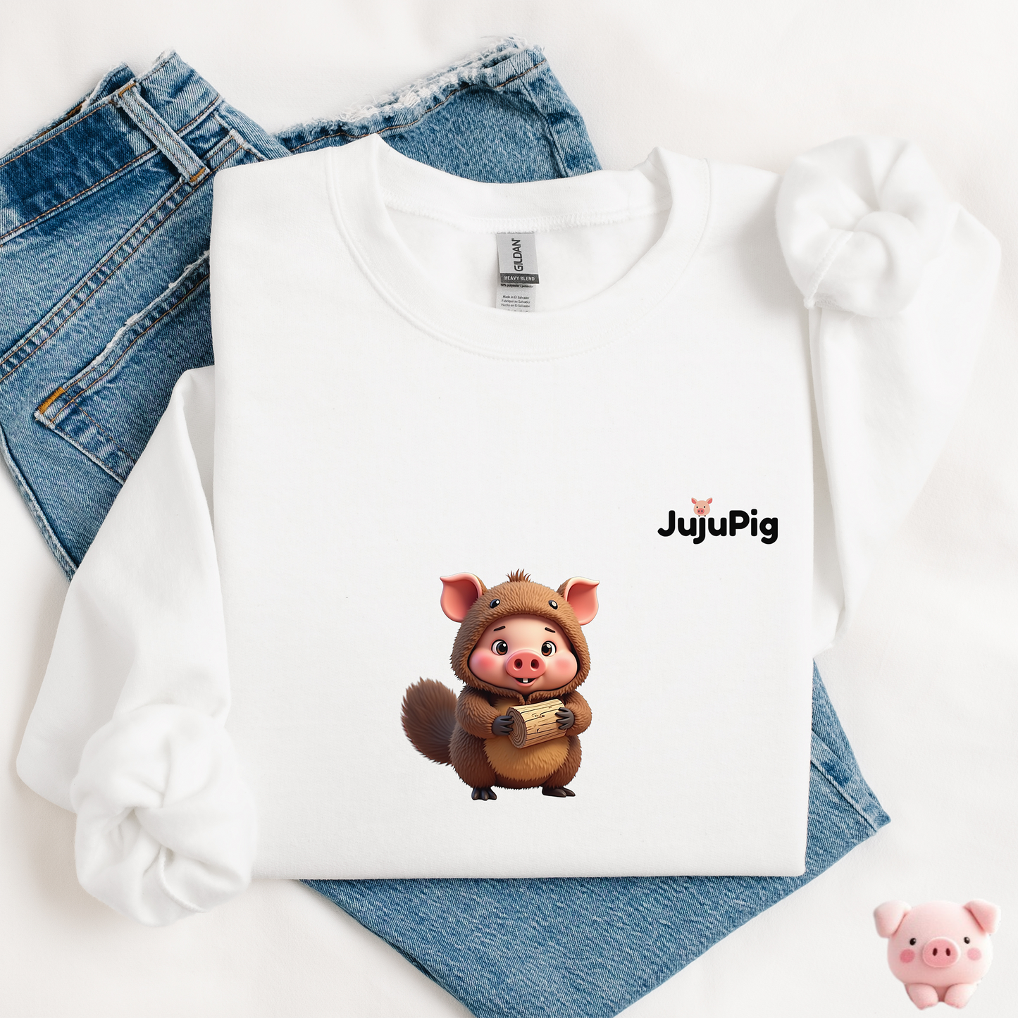 JujuPig Beaver - Kids Unisex Crewneck Sweatshirt | Graphic Sweatshirts for Boys & Girls
