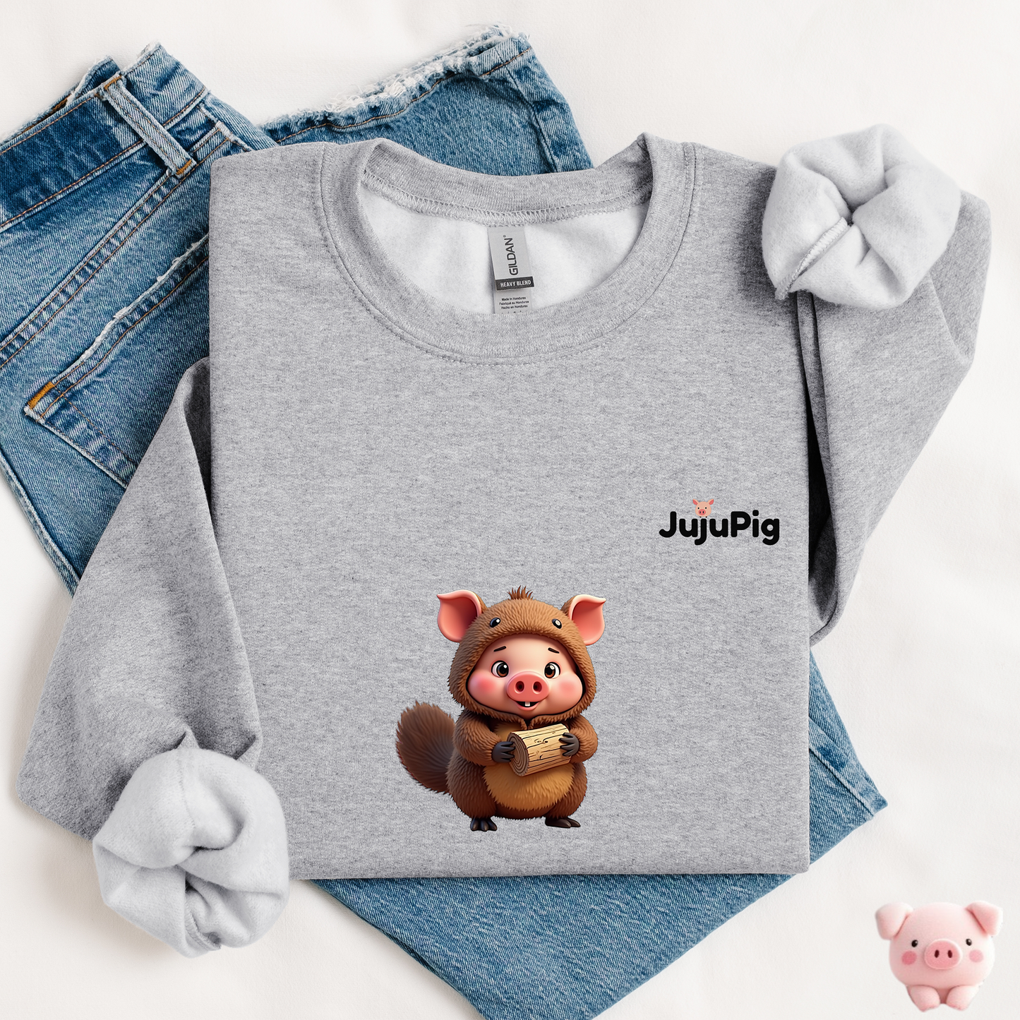 JujuPig Beaver - Kids Unisex Crewneck Sweatshirt | Graphic Sweatshirts for Boys & Girls