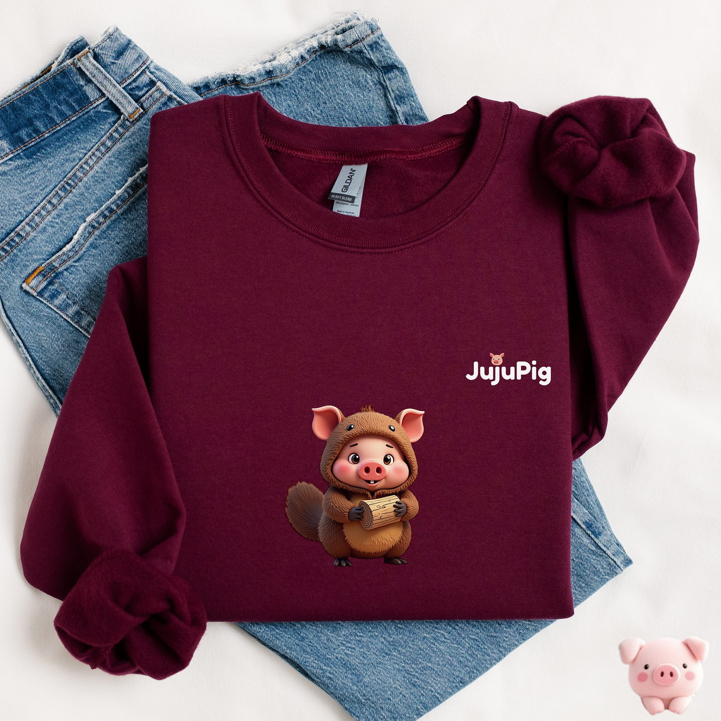 JujuPig Beaver - Kids Unisex Crewneck Sweatshirt | Graphic Sweatshirts for Boys & Girls